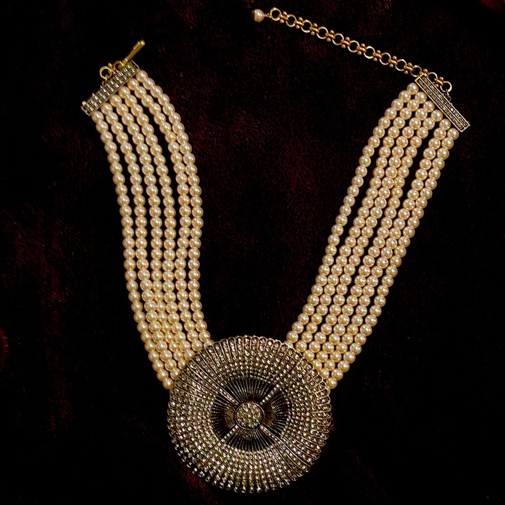 HEIDI DAUS 6 STRAND PEARL & CLEAR CRYSTAL BELGIUM DISK DECO NECKLACE/CHOKER